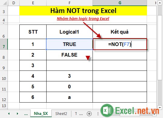 Hàm NOT trong Excel 2