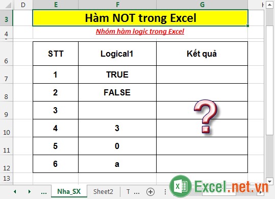 Hàm NOT trong Excel