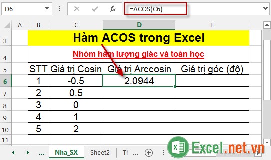 Hàm ACOS trong Excel 3