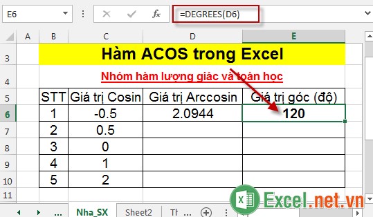 Hàm ACOS trong Excel 4