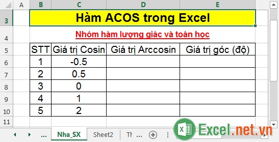 Hàm ACOS trong Excel