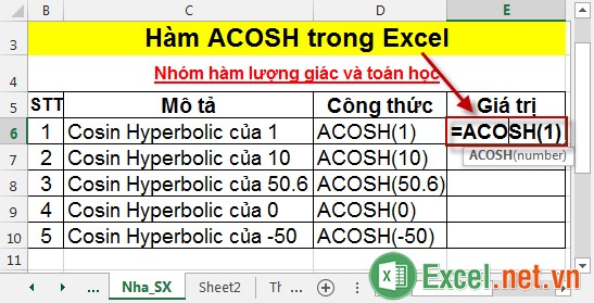 Hàm ACOSH trong Excel 2