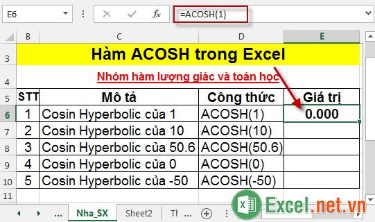 Hàm ACOSH trong Excel 3