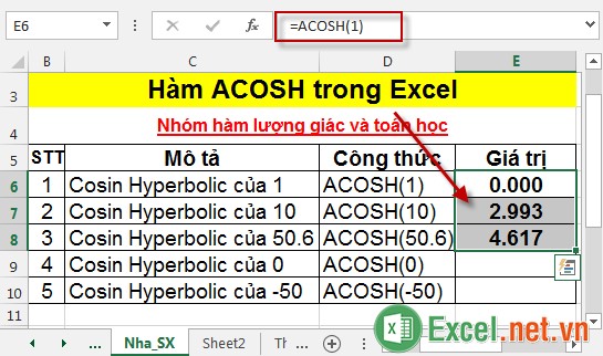 Hàm ACOSH trong Excel 4