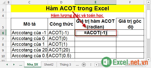 Hàm ACOT trong Excel 2