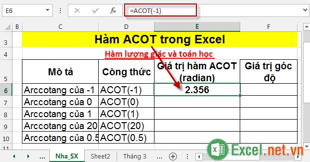 Hàm ACOT trong Excel 3