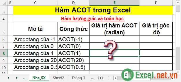 Hàm ACOT trong Excel