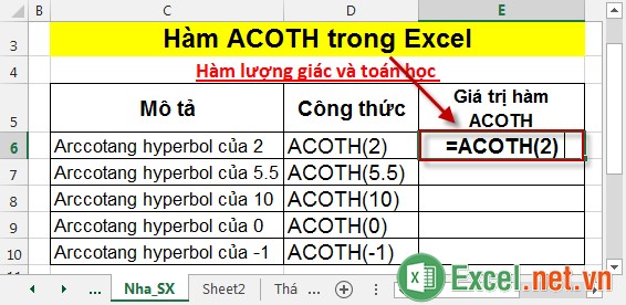Hàm ACOTH trong Excel 2