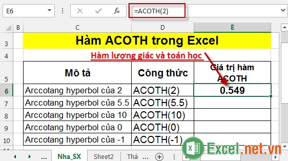 Hàm ACOTH trong Excel 3