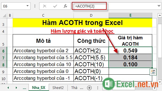 Hàm ACOTH trong Excel 4