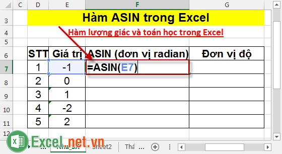 Hàm ASIN trong Excel 2
