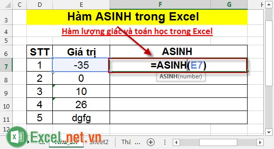 Hàm ASINH trong Excel 2