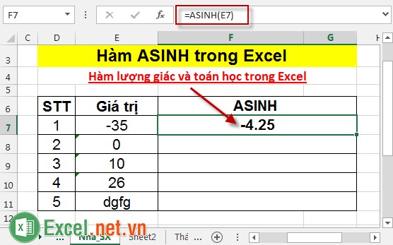 Hàm ASINH trong Excel 3