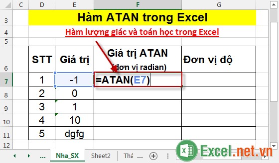 Hàm ATAN trong Excel 2