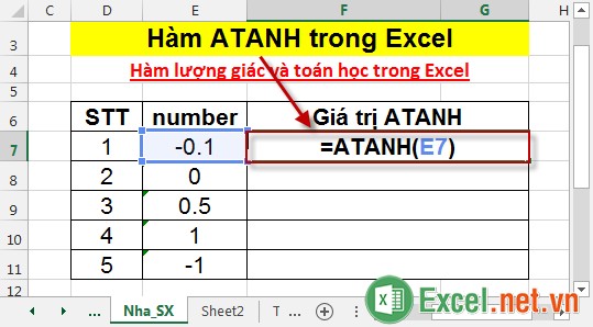 Hàm ATANH trong Excel 2