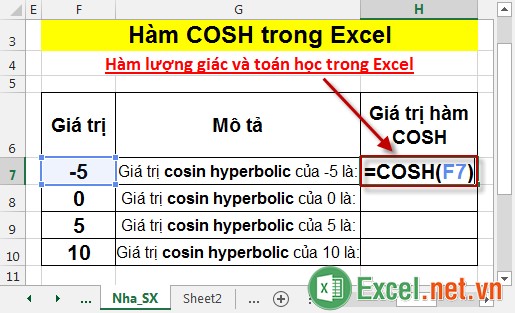 Hàm COSH trong Excel 2