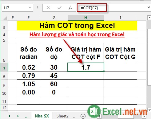 Hàm COT trong Excel 3