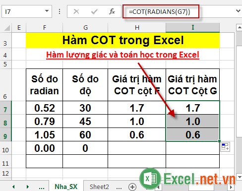 Hàm COT trong Excel 7