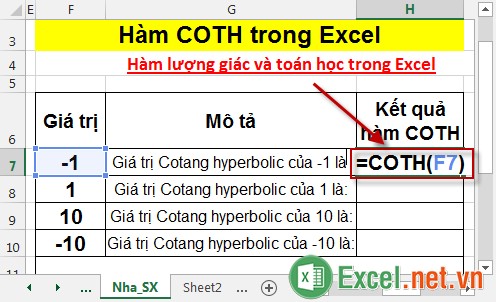 Hàm COTH trong Excel 2