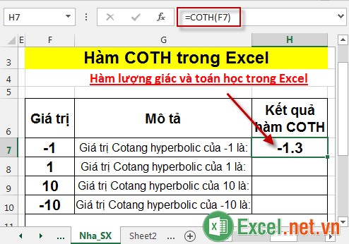 Hàm COTH trong Excel 3