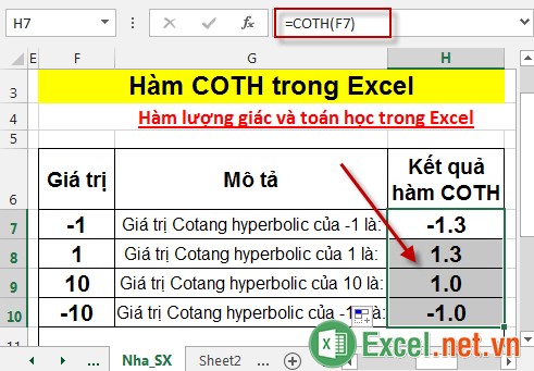 Hàm COTH trong Excel 4