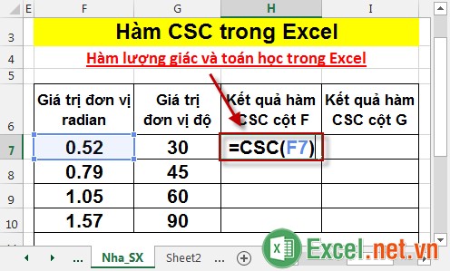 Hàm CSC trong Excel 2