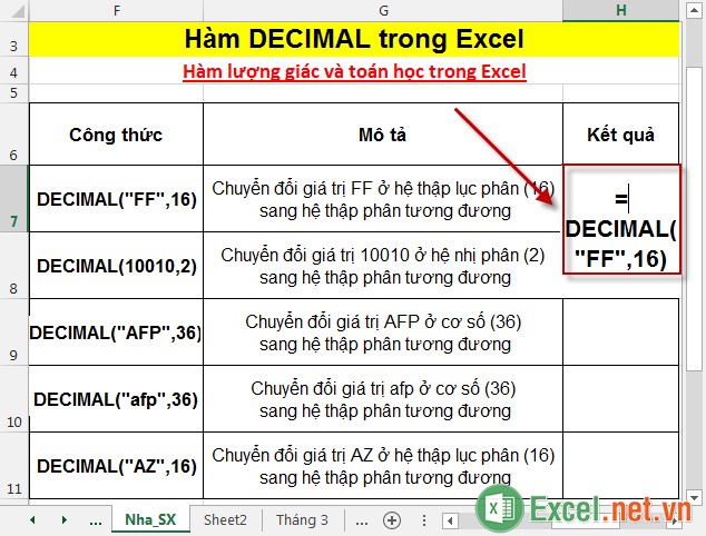 Hàm DECIMAL trong Excel 2