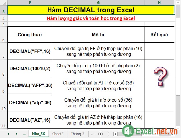 Hàm DECIMAL trong Excel