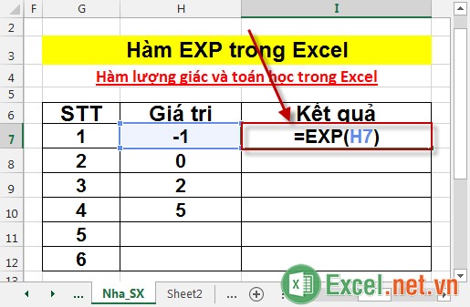 Hàm EXP trong Excel 2