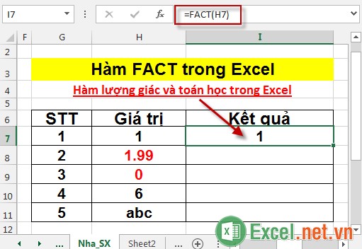 Hàm FACT trong Excel 3