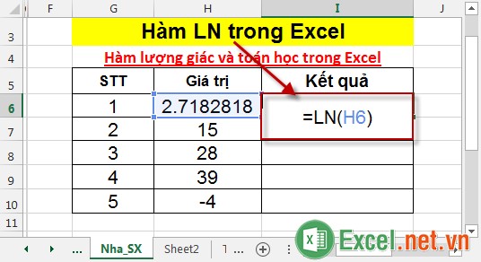 Hàm LN trong Excel 2