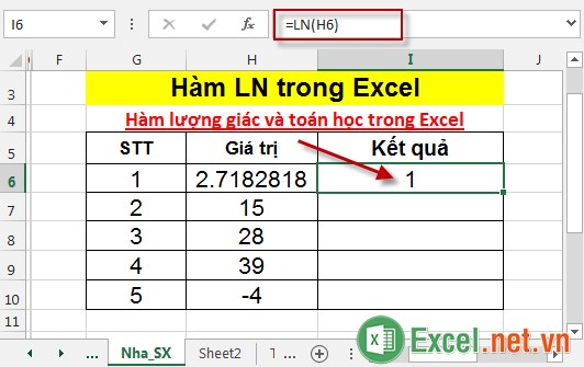 Hàm LN trong Excel 3