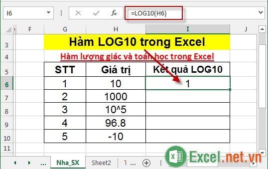Hàm LOG10 trong Excel 3