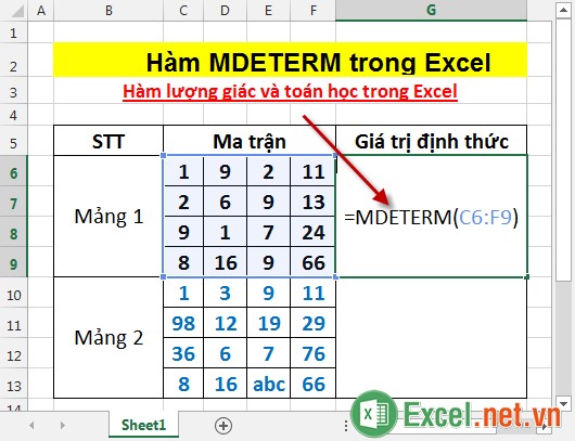 Hàm MDETERM trong Excel 2