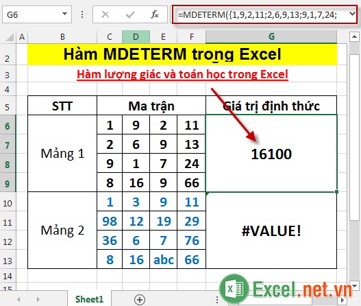 Hàm MDETERM trong Excel 7