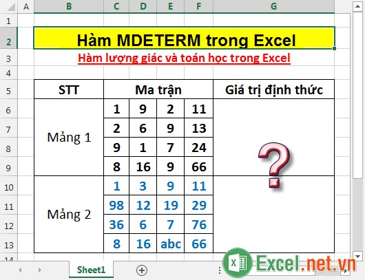 Hàm MDETERM trong Excel
