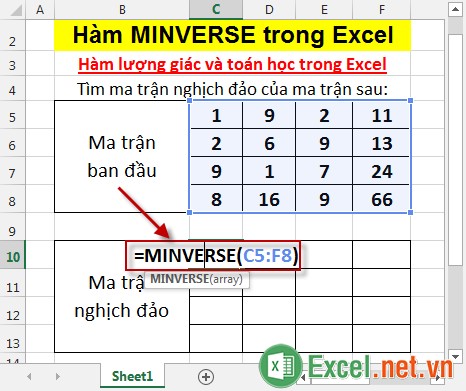 Hàm MINVERSE trong Excel 2