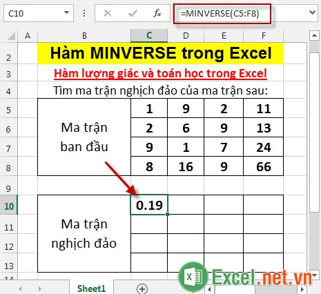 Hàm MINVERSE trong Excel 3