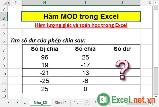 Hàm MOD trong Excel