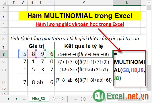 Hàm MULTINOMIAL trong Excel 2