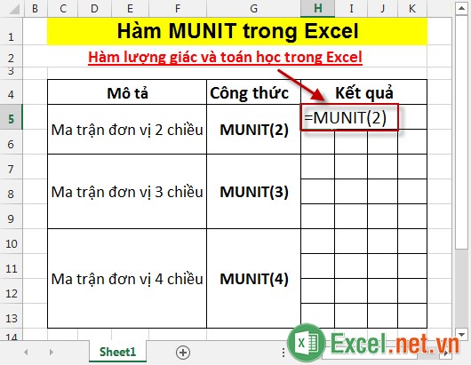 Hàm MUNIT trong Excel 2