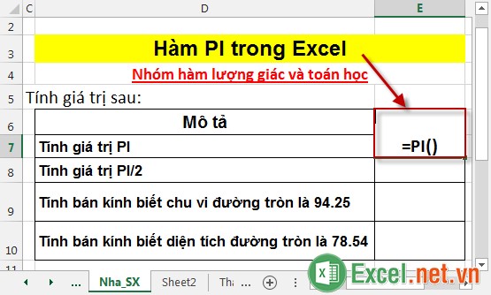 Hàm PI trong Excel 2