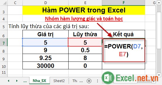 Hàm POWER trong Excel 2