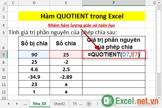 Hàm QUOTIENT trong Excel 2