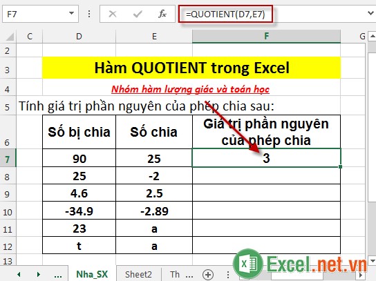 Hàm QUOTIENT trong Excel 3