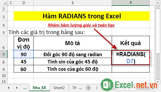 Hàm RADIANS trong Excel 2