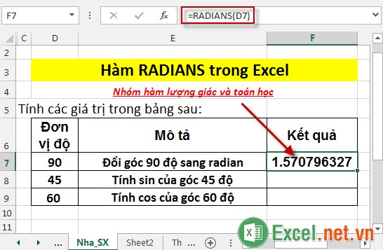 Hàm RADIANS trong Excel 3