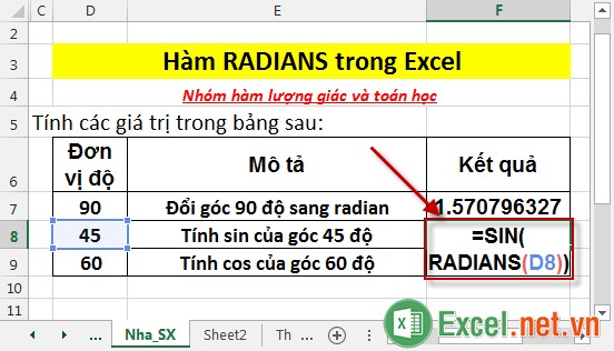Hàm RADIANS trong Excel 4