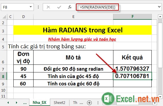 Hàm RADIANS trong Excel 5