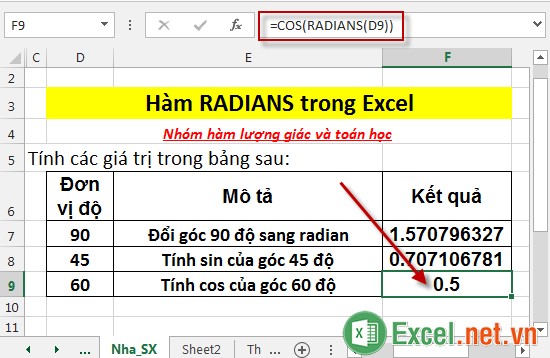 Hàm RADIANS trong Excel 6